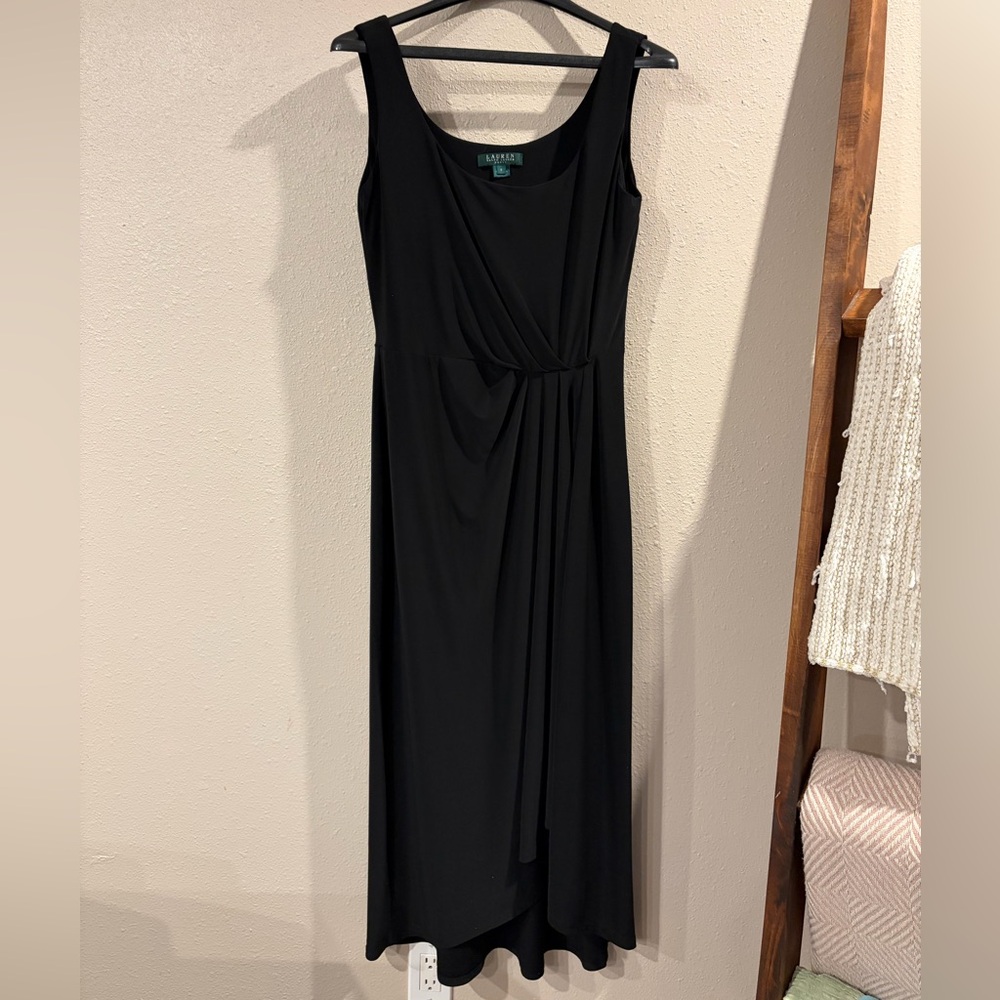 Lauren Ralph Lauren Black Faux Wrap Ruched Sleeveless Formal Maxi Dress size 8